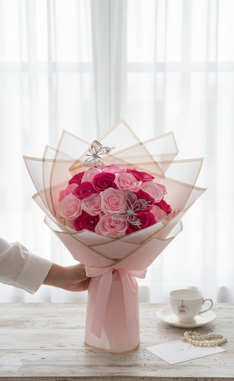 The Eternal Flutter Two-Tone Ribbon Rose Bouquet (13-Stem) | Handcrafted Luxurious Pink & Fuchsia Satin Roses with Silver Butterfly Accents