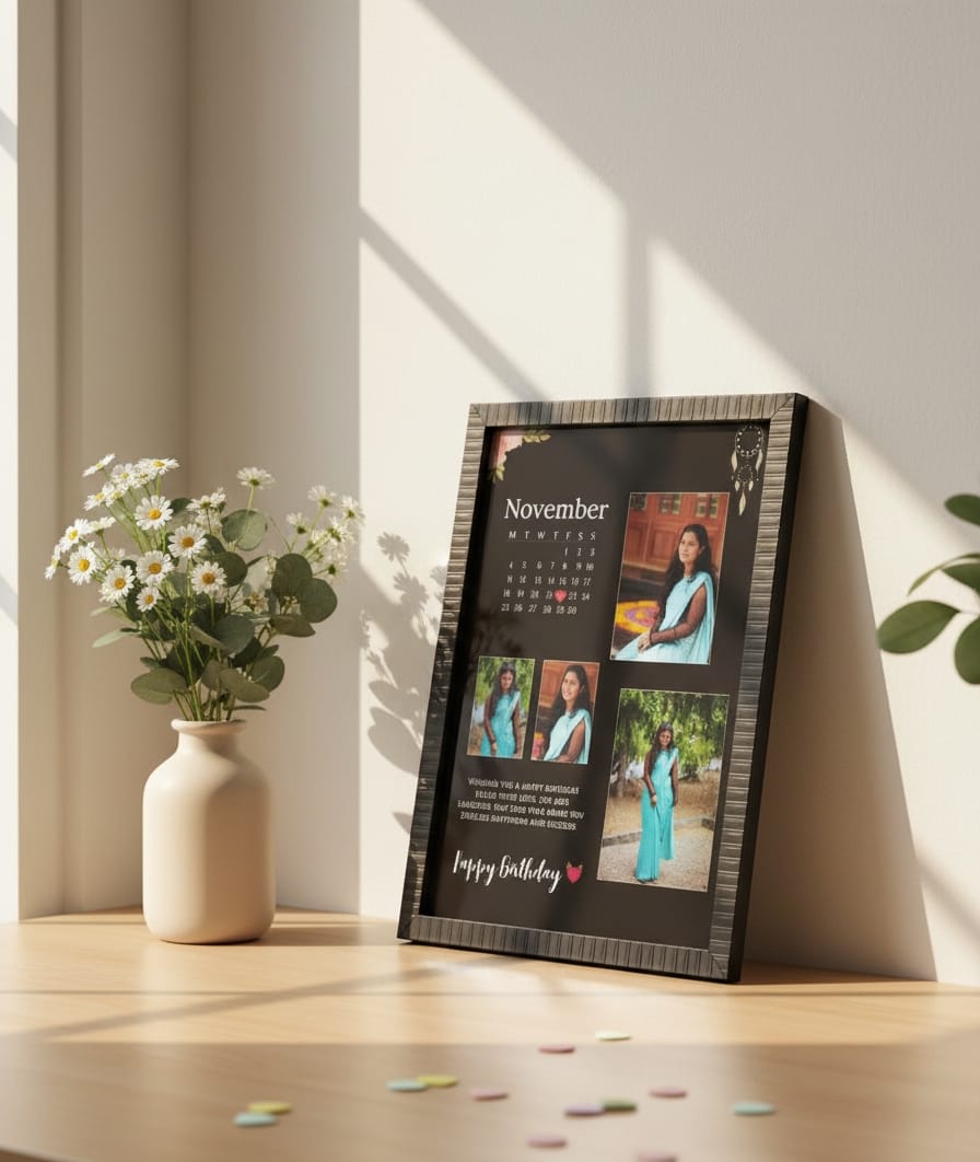 Personalized Vintage Calendar Photo Frame with Custom Date Highlight | Multi-Photo Collage with Heartfelt Message & Dreamcatcher Art | Unique Sentimental Birthday/Anniversary Gift