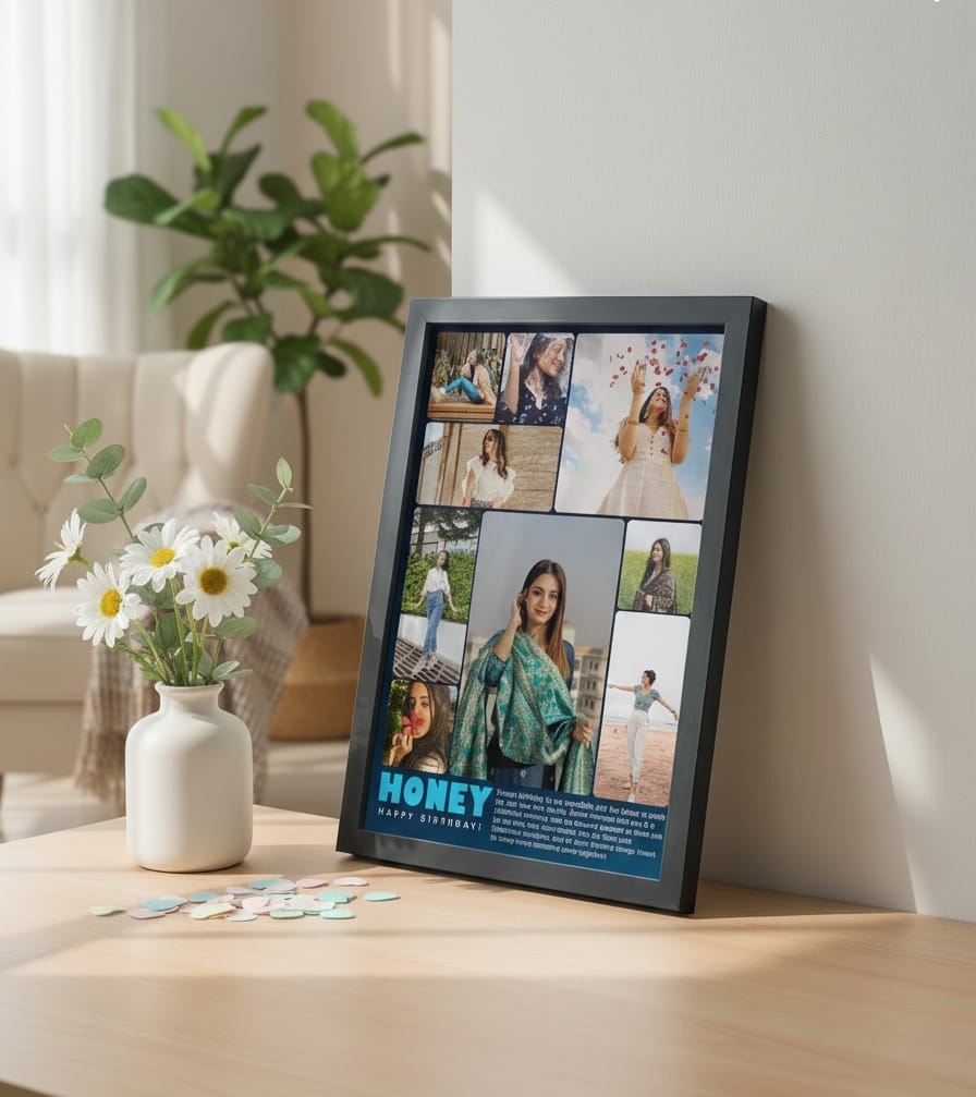 Personalized Ultimate Birthday Photo Mosaic Frame | Custom 7-Photo Collage with Signature Name, Birthday Wish & Dark Blue Overlay | Sentimental Gift for Best Friend/Partner/Sister