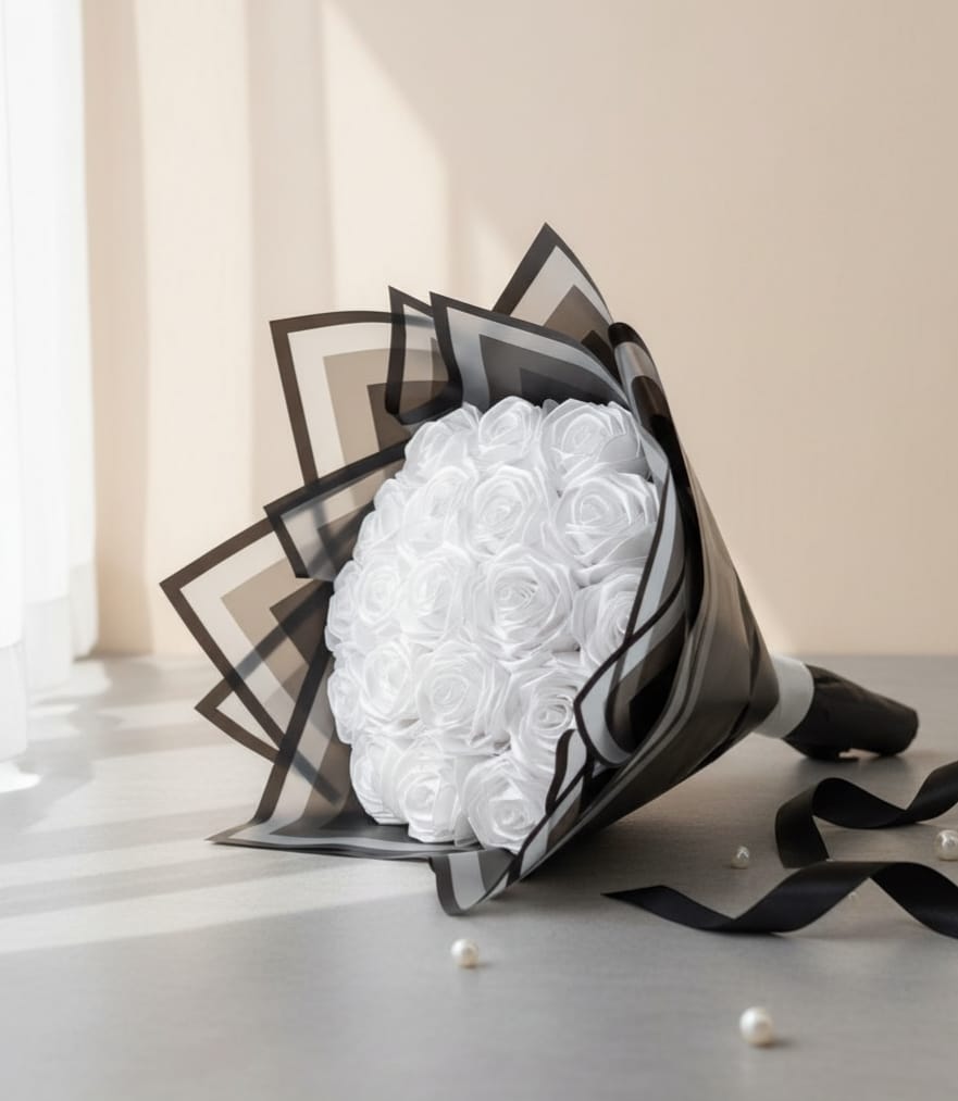 The Eternal Sapphire & Pearl Ribbon Rose Bouquet (18-Stem) Zero-Maintenance Anniversary/Proposal/Special Occasion Gift