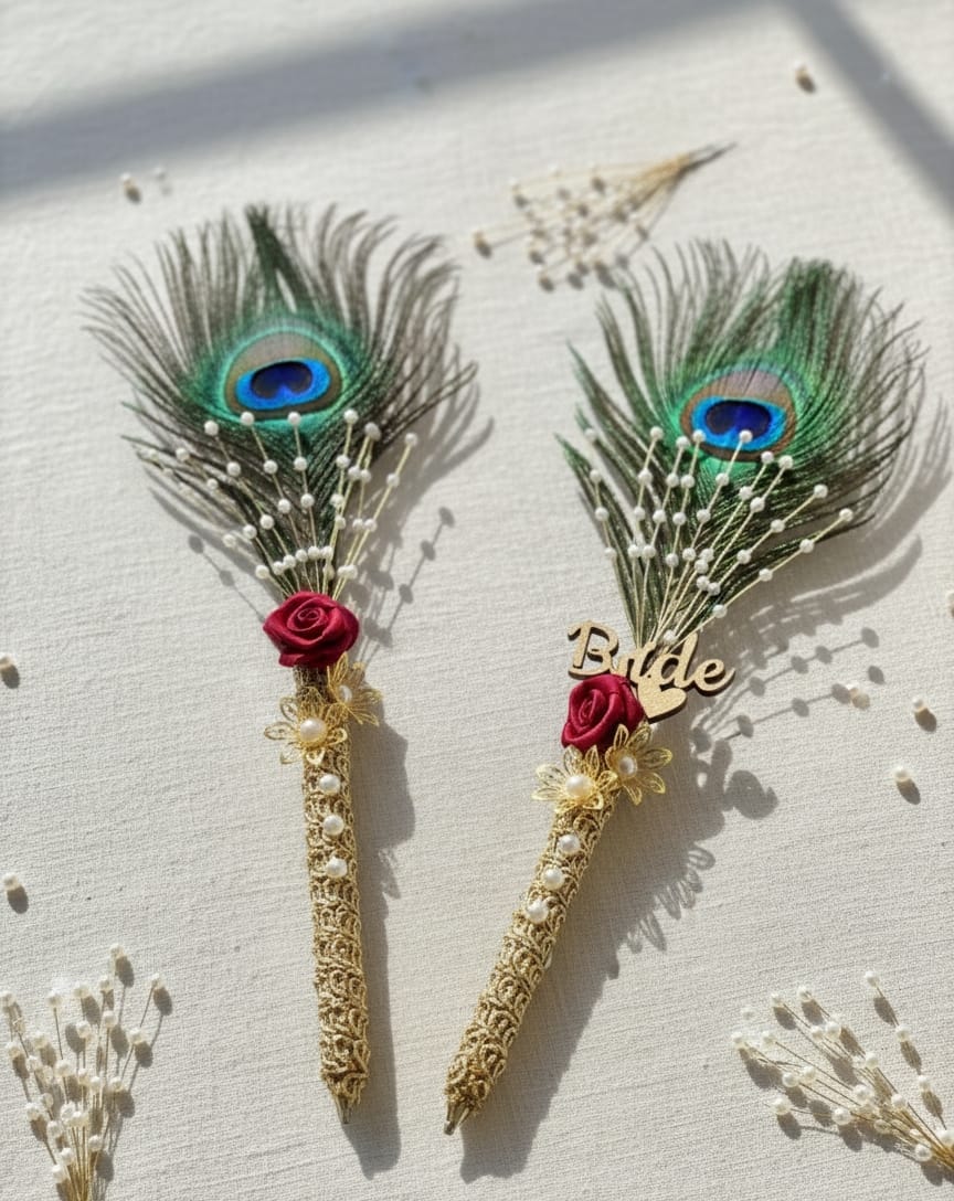 Handcrafted Luxurious Gold Filigree Peacock Feather Pen Duo | Personalized Wooden Topper | Intricate Pearl Spray & Crimson Rose Accents for Indian Wedding/Mughal/Royal Theme