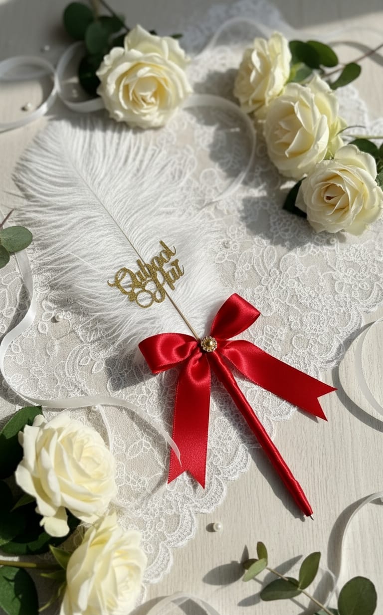 The Royale Nikah Signature Feather Pen with "Qabool Hai" Gold Topper | Elegant White Ostrich Feather & Premium Red Satin Bow | Luxury Wedding Ceremony & Engagement Signing Keepsake