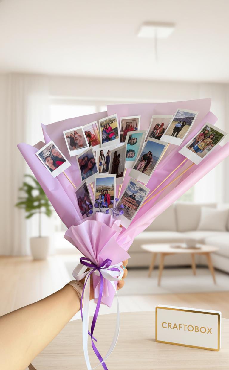 Personalized Polaroid-Style Photo Bouquet | Handcrafted 'Sentimental Blooms' | Custom 12-Photo Print with Lilac Paper Wrap & Satin Ribbon | Keepsake Gift by CRAFTOBOX