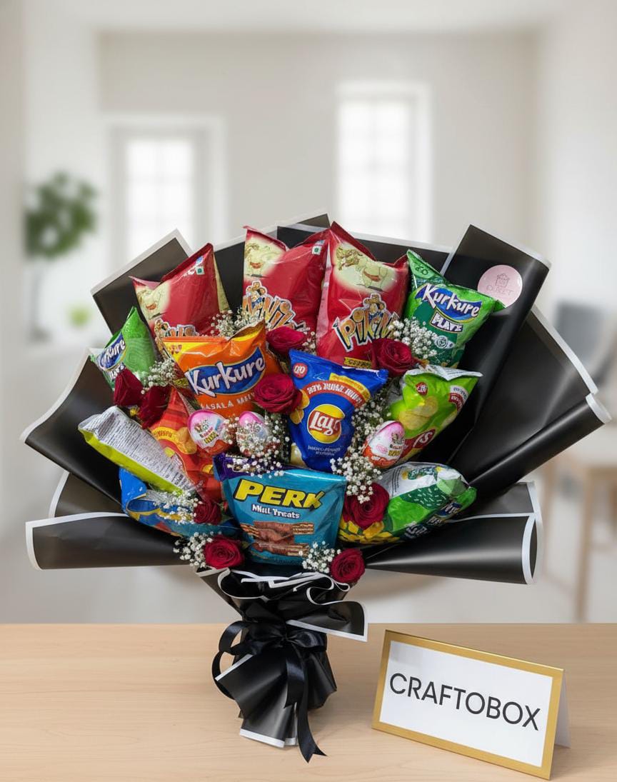 The Celebration Snack Bouquet – Handcrafted Mix of Chips, Chocolates & Love
