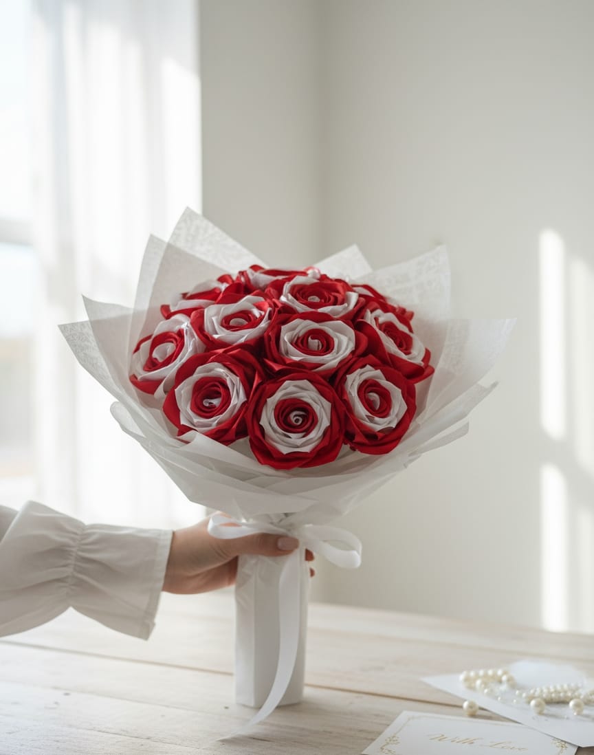 The Eternal Dual-Tone Ribbon Bouquet & Signature Pen Wedding Bundle | Hand-Tied Red & White Everlasting Satin Roses with Choice of Personalized Rustic or Royale Nikah Pent