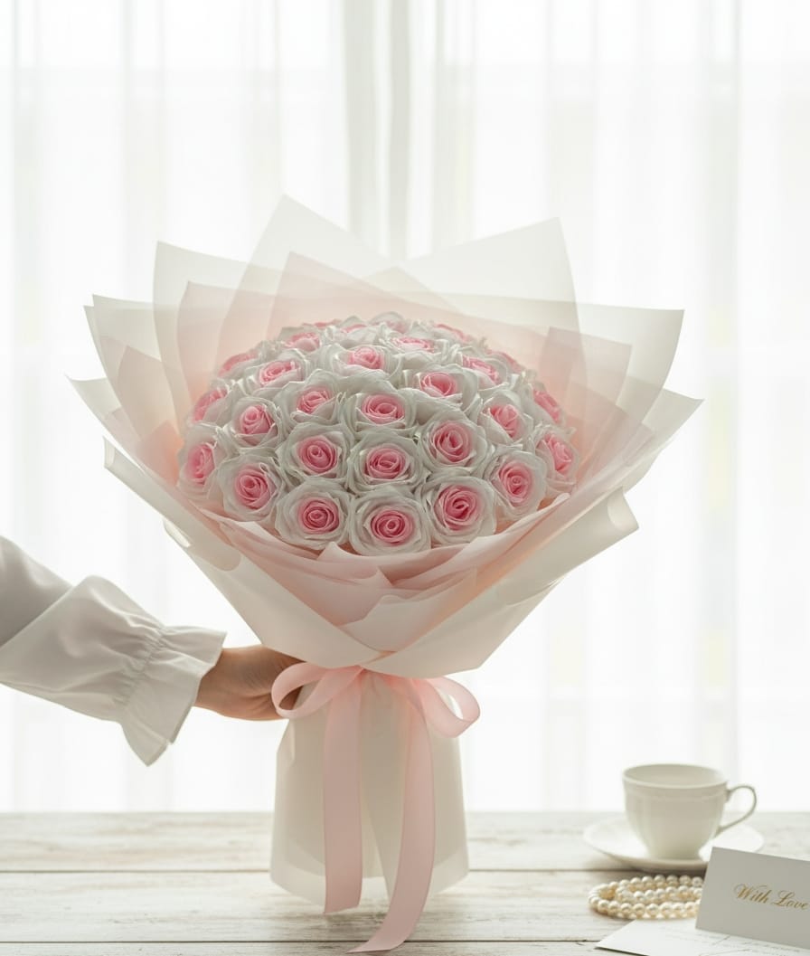 The Luxe Celebration Grand Gift Set | 18-Stem Eternal Two-Tone Ribbon Rose Bouquet + Custom Photo Frame of Choice + Designer Signature Feather Pen Duo