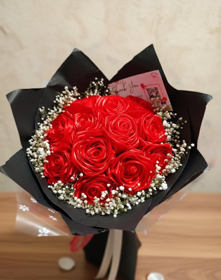 The Eternal Promise Signature Bouquet & Nikah Pen Bundle | Luxurious Red Satin Ribbon Rose Bouquet with Baby’s Breath & Matching "Qabool Hai" Ostrich Feather Pen