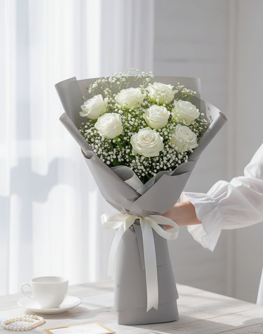 The Eternal Keepsake Wedding Bundle | Luxurious 8-Stem Everlasting White Ribbon Rose Bouquet