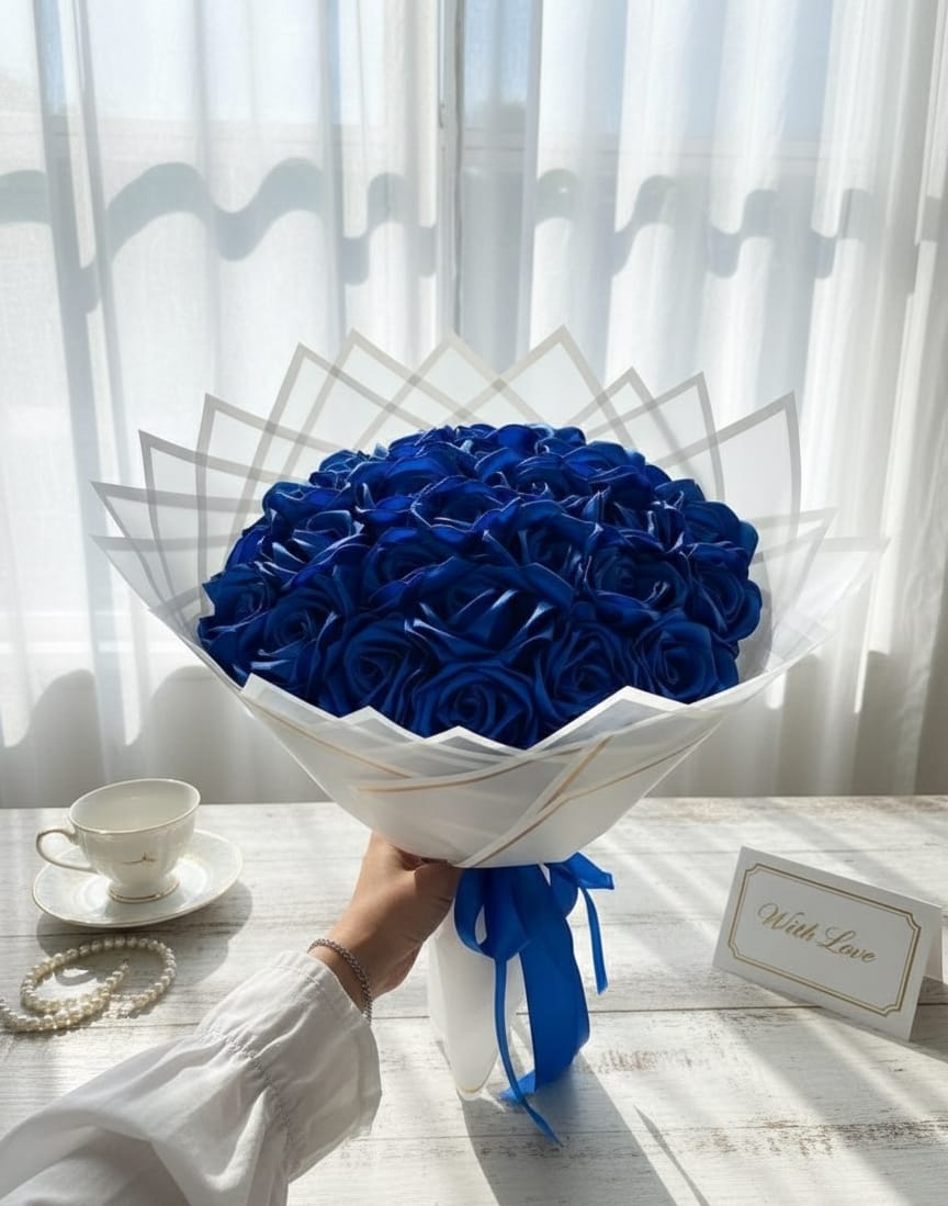 The Deep Blue Promise Grand Gift Set | 18-Stem Luxurious Eternal Royal Blue Ribbon Rose Bouquet + Custom Calendar or "LOVE" Photo Frame + Choice of Designer Signature Feather Pen