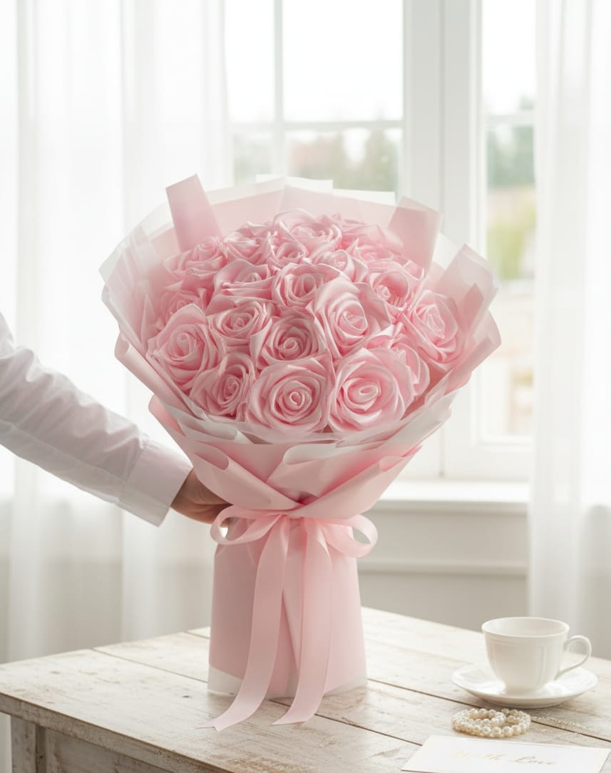 The Sweet Serenity Eternal Ribbon Rose Bouquet (21-Stems) | Handcrafted Luxurious Baby Pink Satin Roses | Grand, Romantic, Zero-Maintenance Gift for Her/Anniversary/Mother's Day