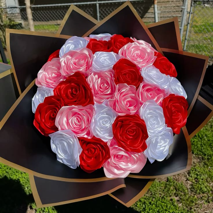 The Deluxe Tri-Color Eternal Bloom Ribbon Rose Bouquet (18 Stems) | Luxurious Mix of Red, Pink, & White Satin Roses | Grand Statement Gift for Anniversary/Valentine’s Day/Birthday