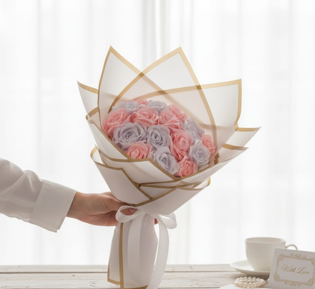 The Eternal Pastel Duet Ribbon Rose Bouquet (13-Stem) | Handcrafted Luxurious Pink & Lavender Satin Roses with Geometric Gold-Lined Wrap | Unique Proposal/Valentine's Day/Anniversary Gift