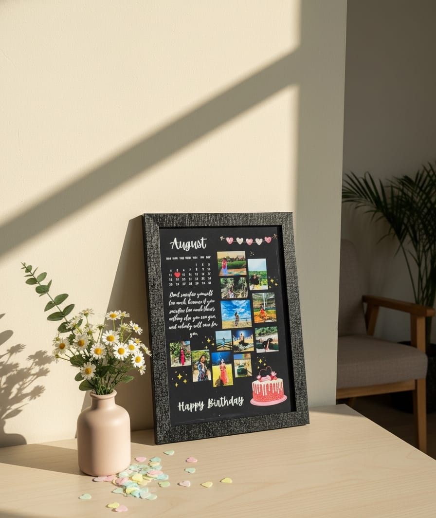 Custom Birthday Date Calendar & Photo Collage Frame | Personalized Month Highlight with Sentimental Quote & Cake Embellishment | Unique 9-Photo Grid with Textured Frame