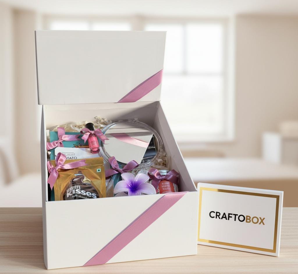 The Sweet Indulgence & Beauty Essentials Gift Box | Elegant White & Pink Ribbon Hamper | Featuring Hershey's Kisses, Nail Lacquer, Compact Mirror & Decorative Floral Charm by CRAFTOBOX