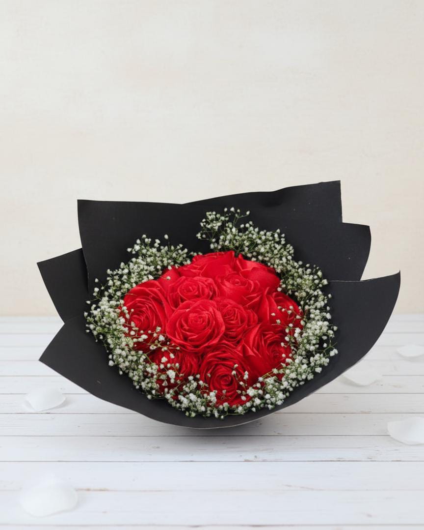 The Eternal Promise Signature Bouquet & Nikah Pen Bundle | Luxurious Red Satin Ribbon Rose Bouquet with Baby’s Breath & Matching "Qabool Hai" Ostrich Feather Pen