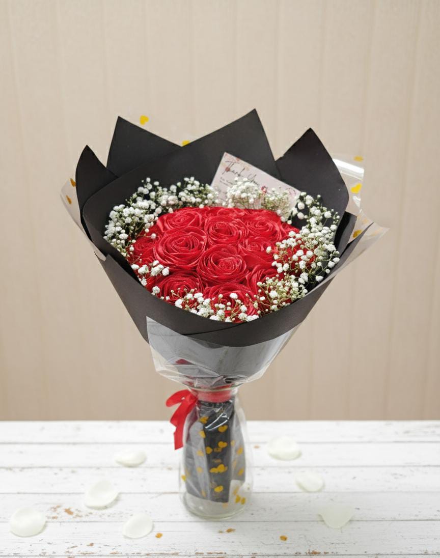 The Eternal Promise Signature Bouquet & Nikah Pen Bundle | Luxurious Red Satin Ribbon Rose Bouquet with Baby’s Breath & Matching "Qabool Hai" Ostrich Feather Pen