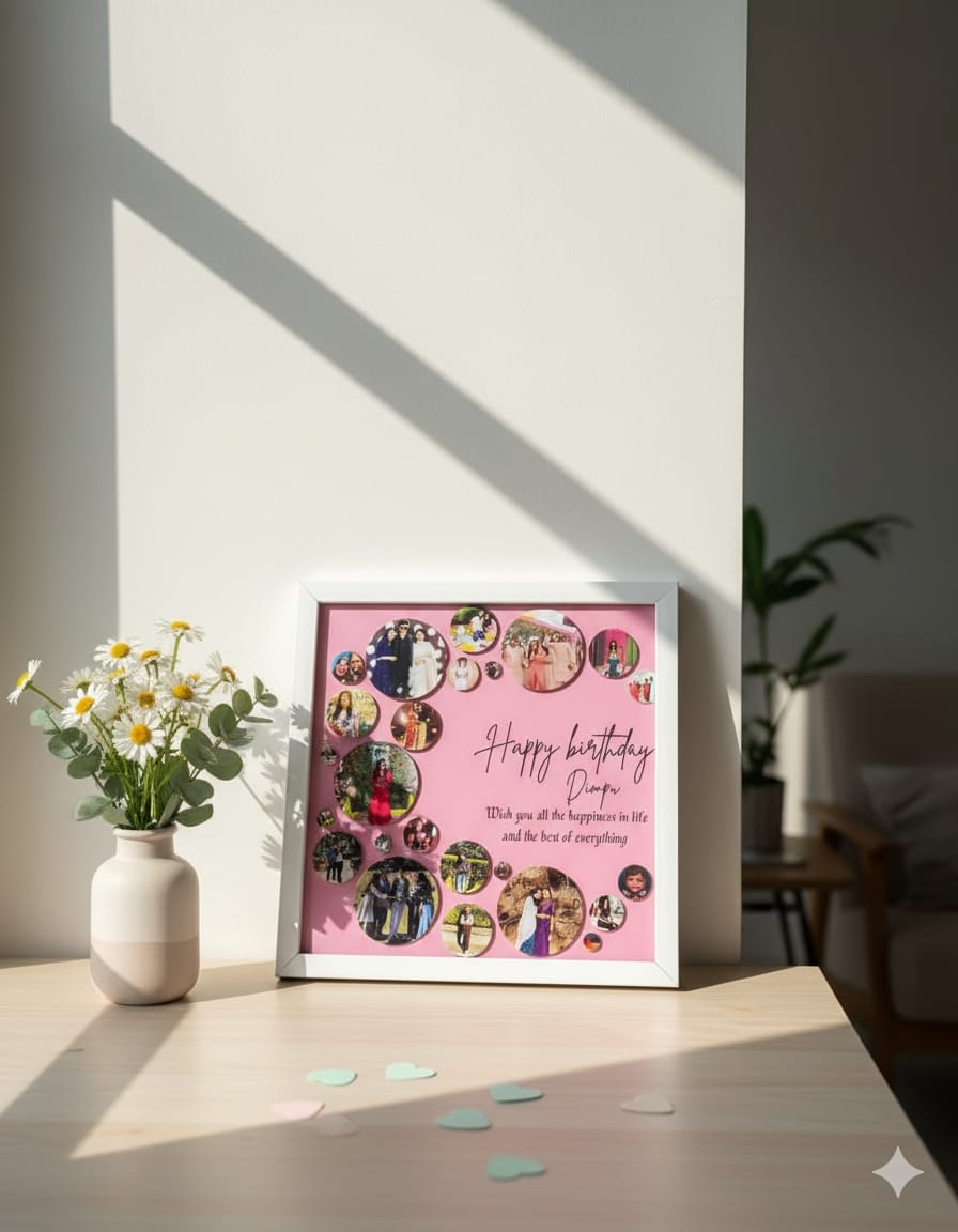 Custom Bubble Photo Collage Frame with Personalized Birthday/Occasion Wish | Round Photo Grid on Pink/Custom Background | Unique Sentimental Gift for Best Friend/Partner