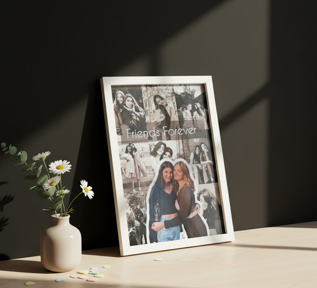 Custom Bestie Memory Photo Montage Frame - "Friends Forever" Quote Display | Personalized 10+ Photo Collage with White Modern Frame | Sentimental Friendship Day/Birthday Gift
