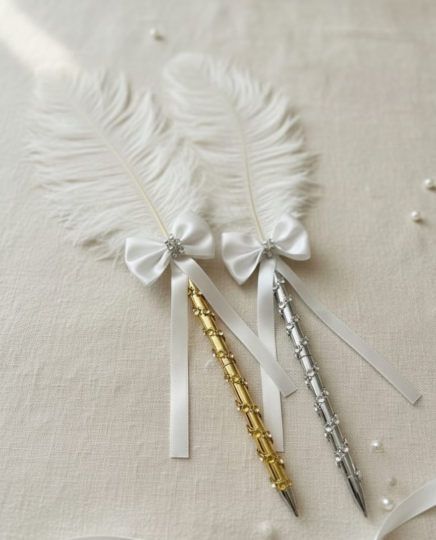 The "I Do" Bling Signature Feather Pen Duo | Sparkling Gold/Silver Rhinestone-Studded Pen Body | Crisp White Satin Bow & Ostrich Feather for Glamorous Wedding/Bridal Shower