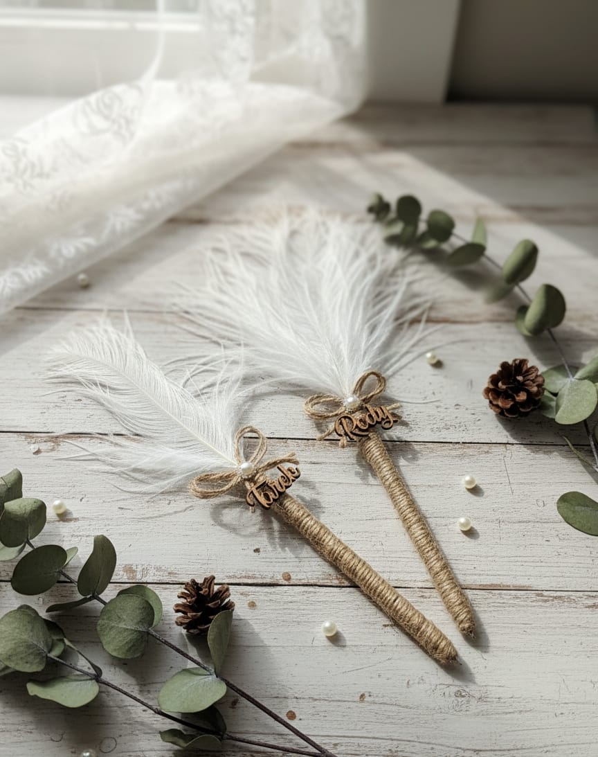 Personalized Rustic Jute-Wrapped Feather Pen Set | Customized Wooden Name Topper | Vintage Boho Style Guest Book & Signature Pen for Wedding/Bridal Shower/Anniversary