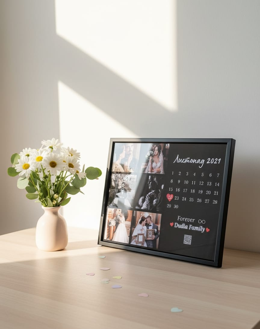 Custom Romantic Milestone Calendar & Photo Montage Frame | Personalized Month/Date Highlight, Forever Love Quote & QR Code | Sentimental Anniversary/Wedding/Engagement Giftr