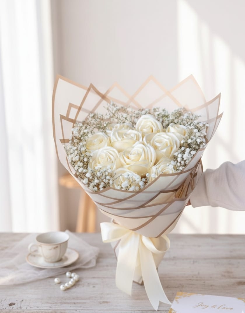 The Eternal Keepsake Wedding Bundle | Luxurious 8-Stem Everlasting White Ribbon Rose Bouquet