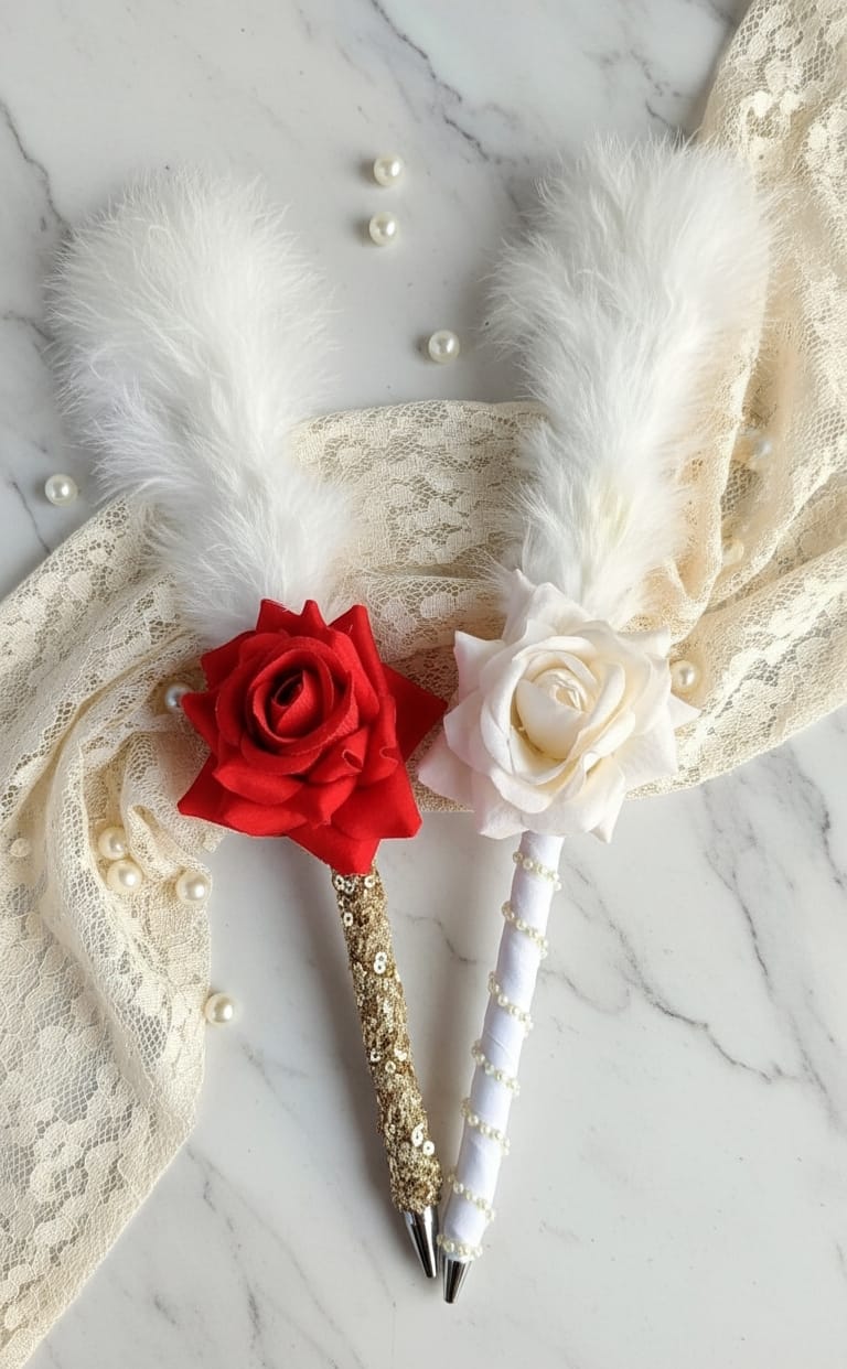 The Luxe Rose & Feather Signature Pen Set | Elegant Bridal Guest Book Writing Quills | Faux Pearl and Gold Sequin Accented Silk Roses with Fluffy White Feather Plumes (Set of 2)