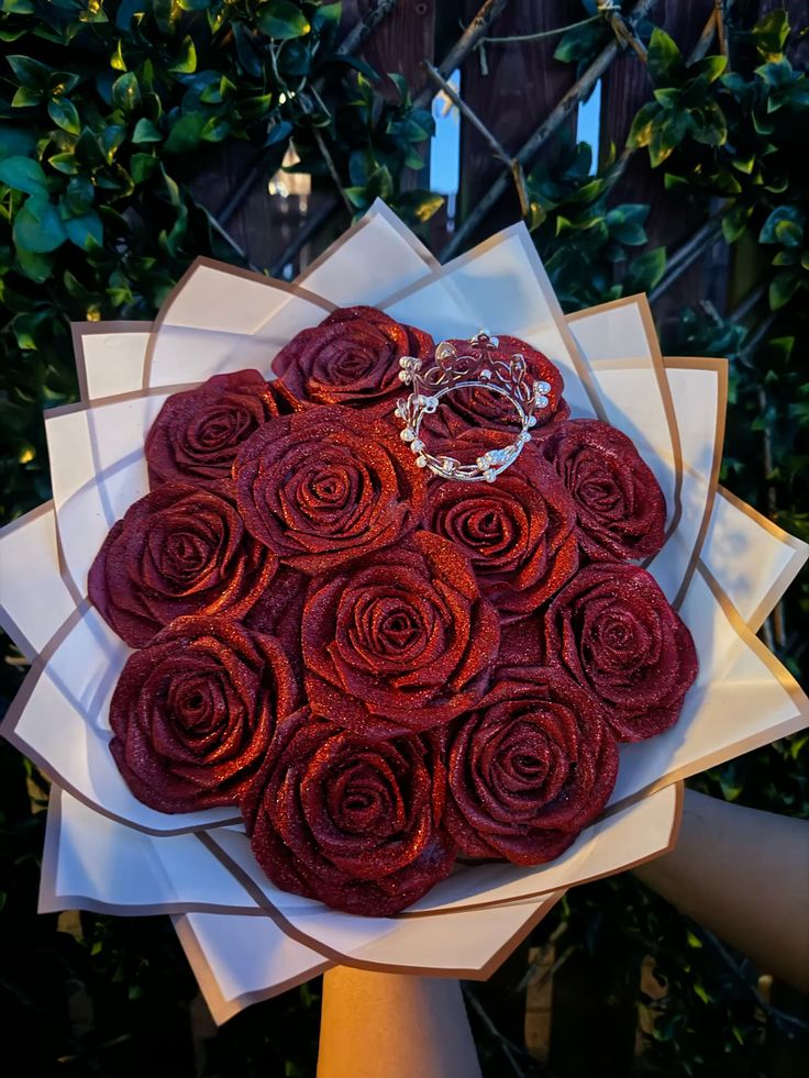 The Ultimate Royale Nikah & Proposal Bundle | Everlasting Glitter Red Rose Bouquet (11-Stems) with Crown Accent & Matching "Qabool Hai" Signature Feather Pen Set